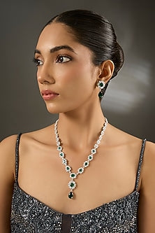 White Gold Finish Zircon & Emerald Stone Long Necklace Set