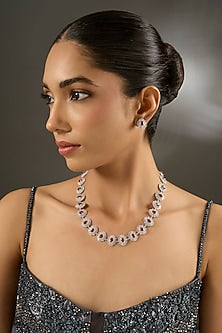 Gold Finish Zircon & Ruby Stone Necklace Set In Sterling Silver