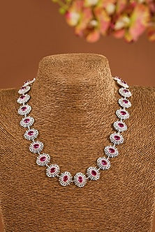 Gold Finish Zircon & Ruby Stone Necklace Set In Sterling Silver