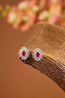 Gold Finish Zircon & Ruby Stone Necklace Set In Sterling Silver