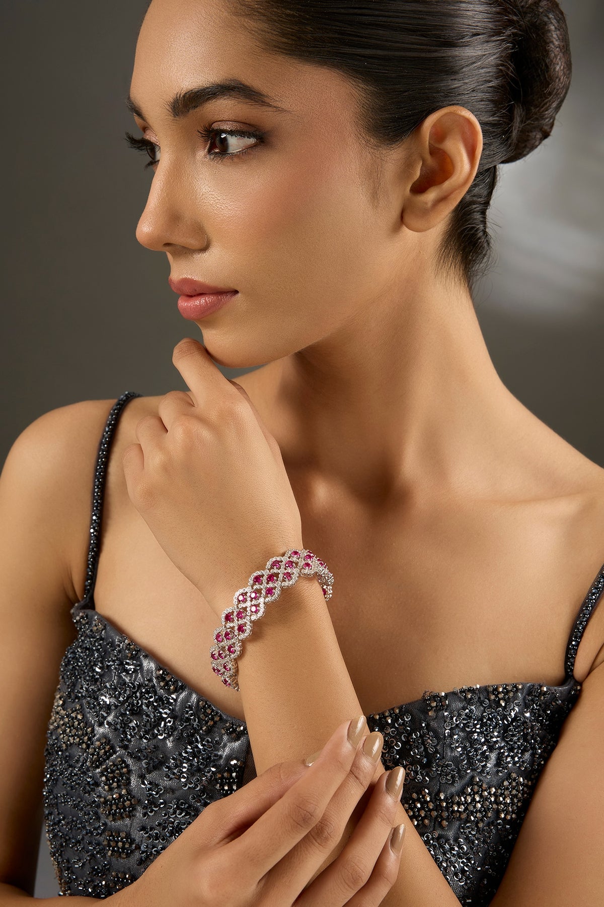 White Gold Finish Zircon & Ruby Stone Bracelet In Sterling Silver