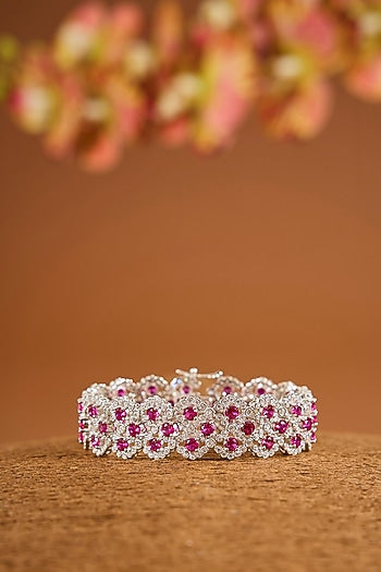 White Gold Finish Zircon & Ruby Stone Bracelet In Sterling Silver