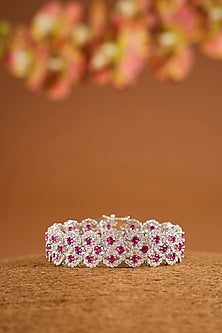 White Gold Finish Zircon & Ruby Stone Bracelet In Sterling Silver