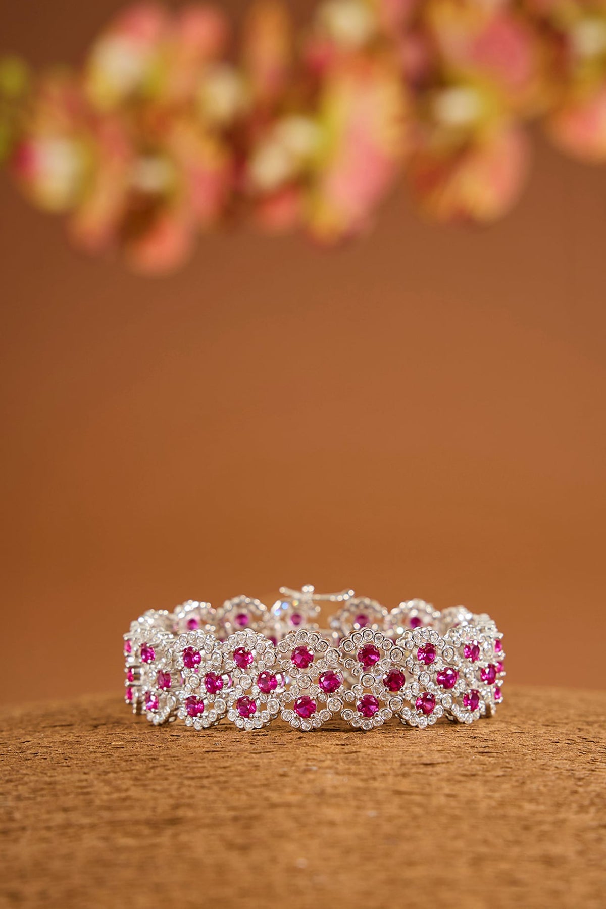 White Gold Finish Zircon & Ruby Stone Bracelet In Sterling Silver