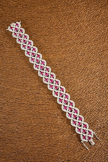 White Gold Finish Zircon & Ruby Stone Bracelet In Sterling Silver
