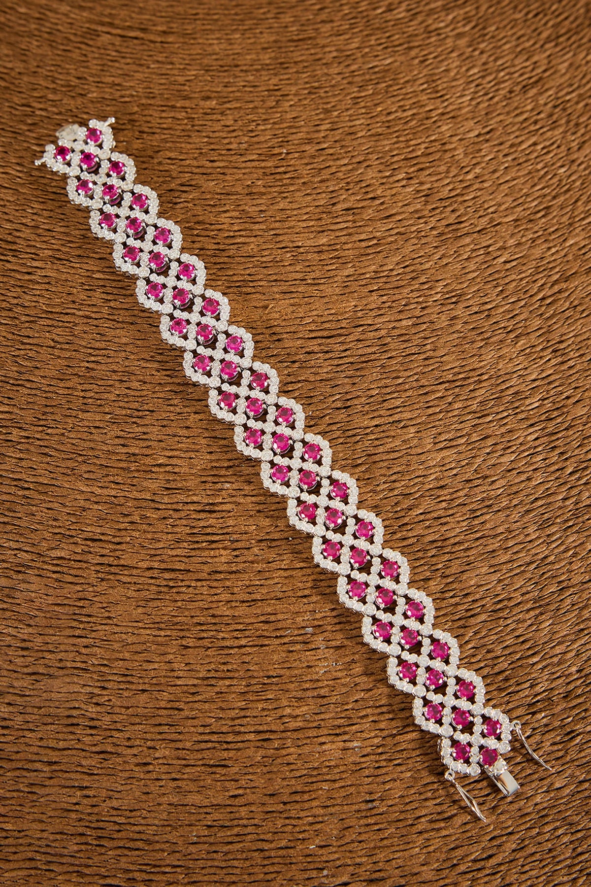 White Gold Finish Zircon & Ruby Stone Bracelet In Sterling Silver
