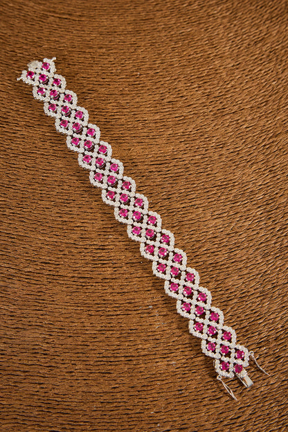 White Gold Finish Zircon & Ruby Stone Bracelet In Sterling Silver