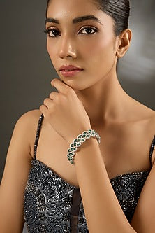 White Gold Finish Zircon & Emerald Stone Openable Bracelet In Sterling Silver