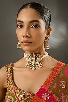 Yellow Gold Finish Moissanite Polki & Pearl Choker Necklace Set In Sterling Silver