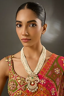 Yellow Gold Finish Moissanite Polki Long Necklace In Sterling Silver