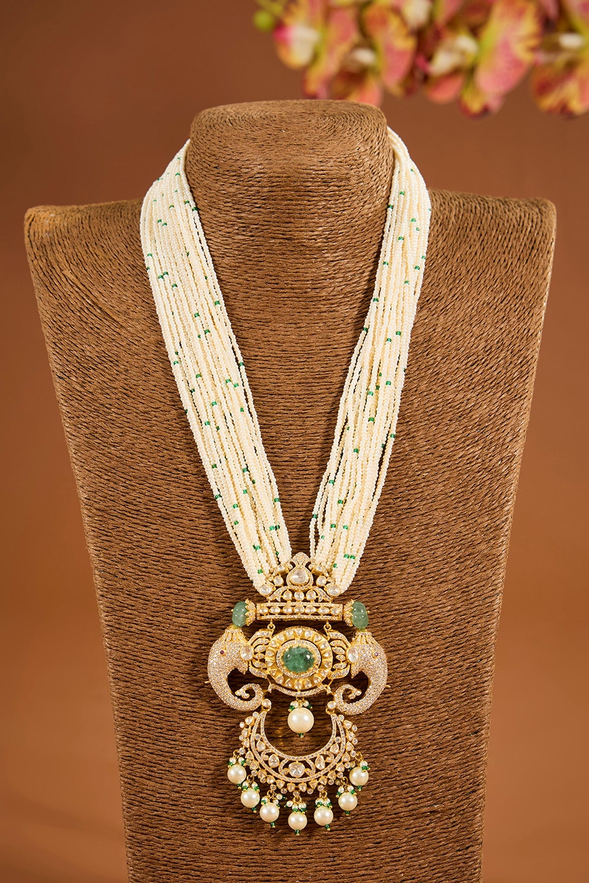Yellow Gold Finish Moissanite Polki Long Necklace In Sterling Silver