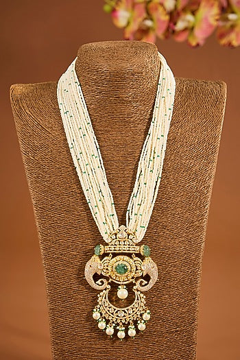 Yellow Gold Finish Moissanite Polki Long Necklace In Sterling Silver