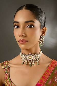 Yellow Gold Finish Moissanite Polki & Shell Pearl Choker Necklace Set In Sterling Silver