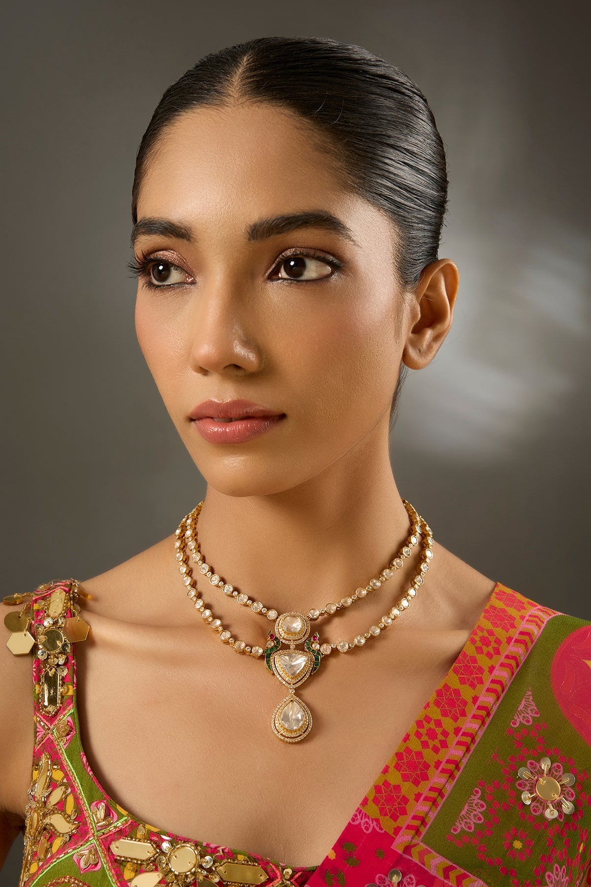 Yellow Gold Finish Moissanite Polki Necklace In Sterling Silver