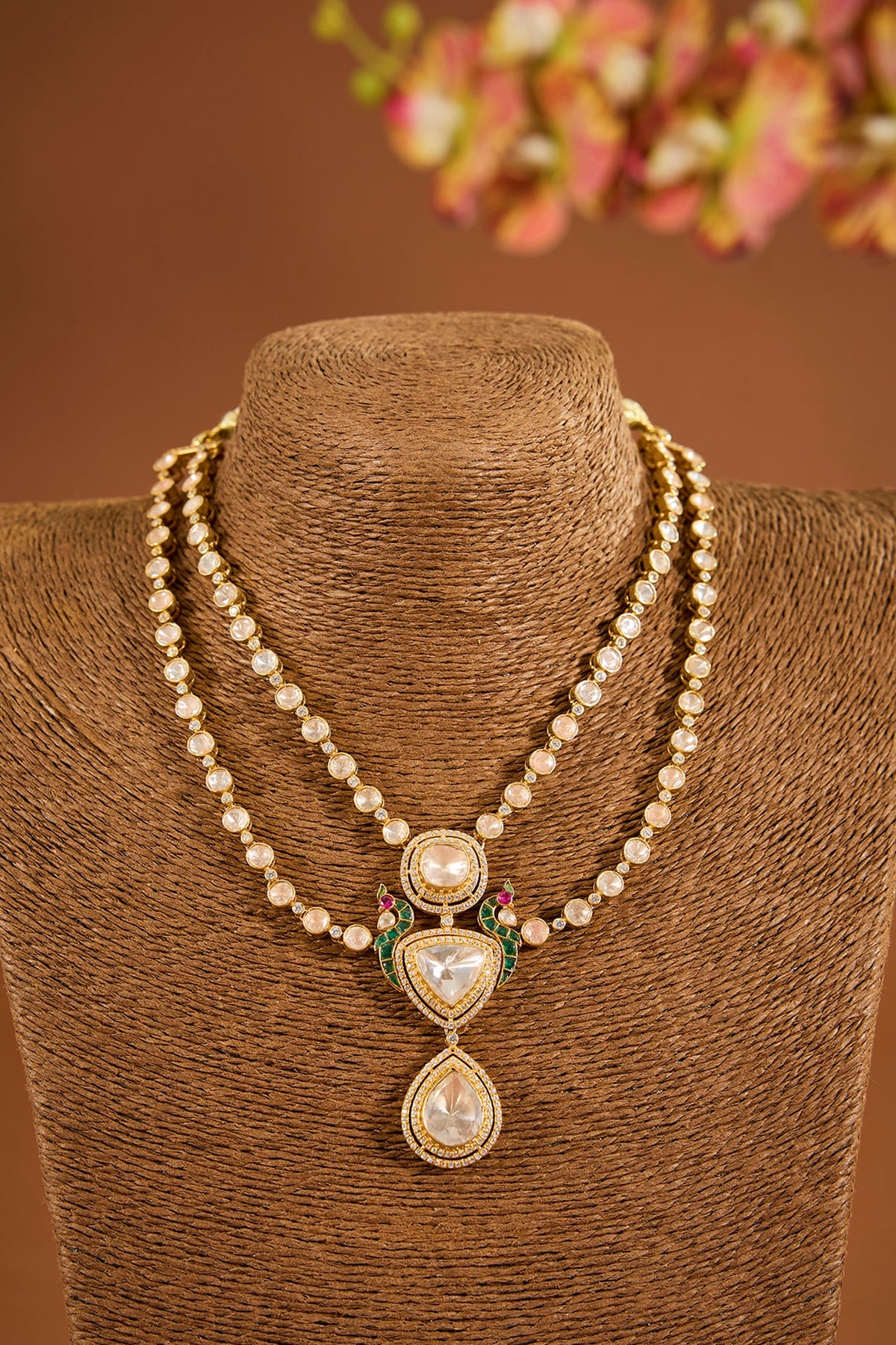 Yellow Gold Finish Moissanite Polki Necklace In Sterling Silver