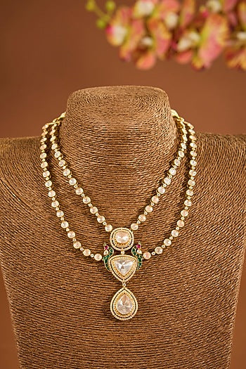 Yellow Gold Finish Moissanite Polki Necklace In Sterling Silver