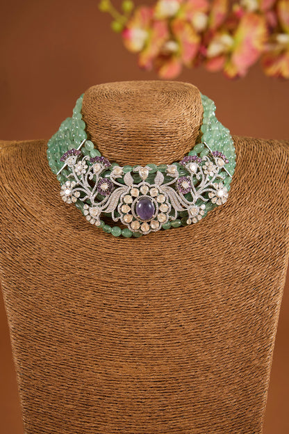 White Gold Finish Amethyst Stone Choker Necklace Set In Sterling Silver
