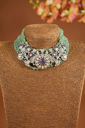 White Gold Finish Amethyst Stone Choker Necklace Set In Sterling Silver