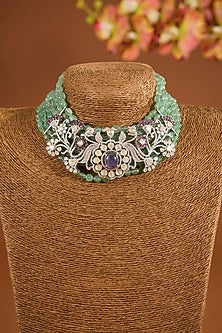 White Gold Finish Amethyst Stone Choker Necklace Set In Sterling Silver