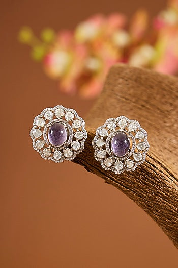 White Gold Finish Amethyst Stone Choker Necklace Set In Sterling Silver