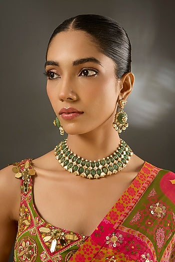 Yellow Gold Finish Emerald Stone Necklace Set In Sterling Silver