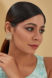 Gold Finish Zircon & Moissanite Polki Stud Earrings In Sterling Silver