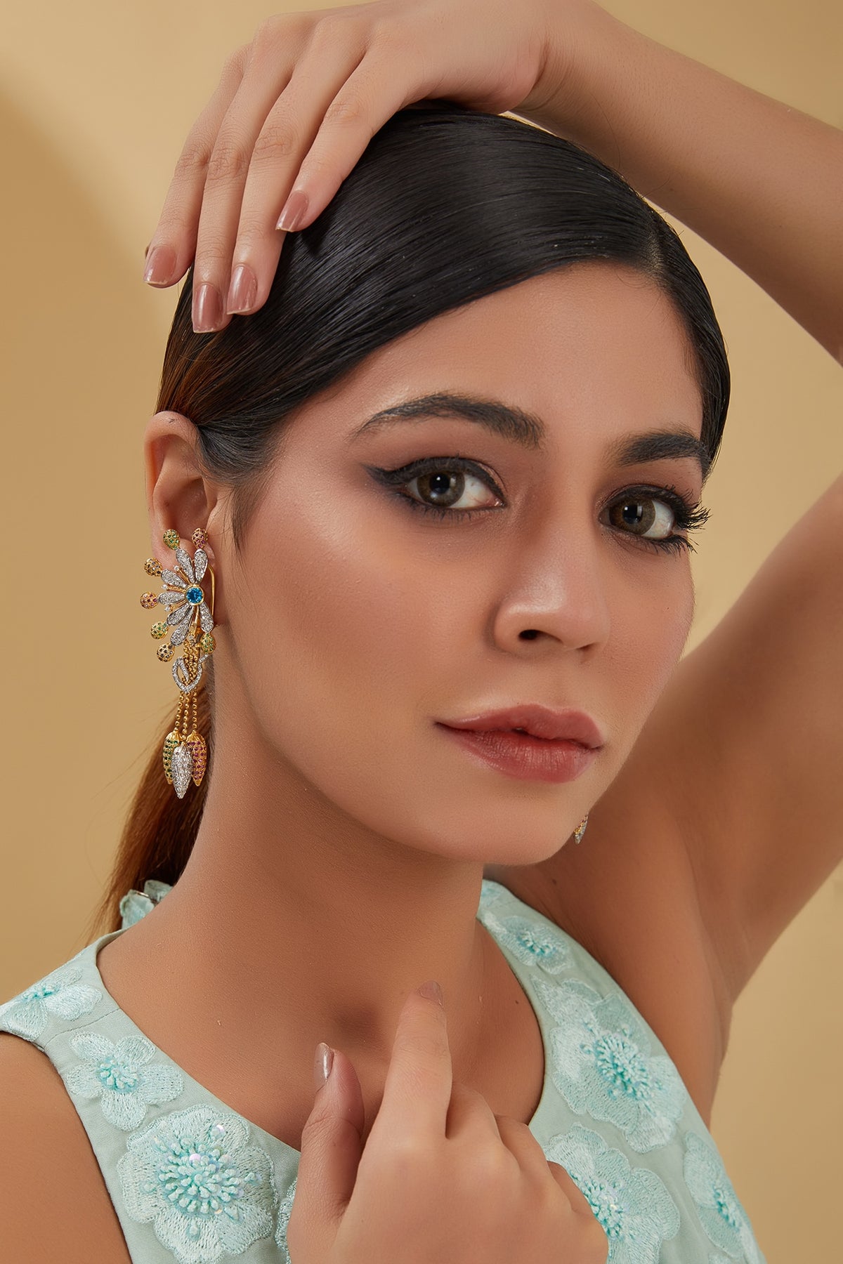 Two Tone Finish Zircon & Sapphire Dangler Earrings In Sterling Silver