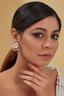 Gold Finish Moissanite Polki & Ruby Stud Earrings In Sterling Silver