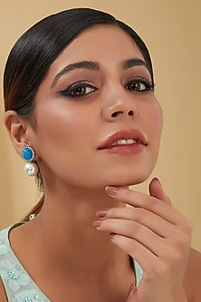 White Finish Pearl & Turquoise Stone Dangler Earrings In Sterling Silver