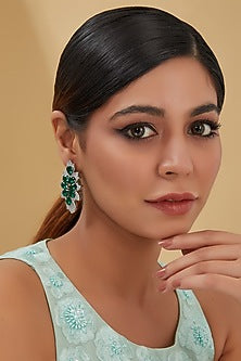 White Finish Zircon & Emerald Dangler Earrings In Sterling Silver