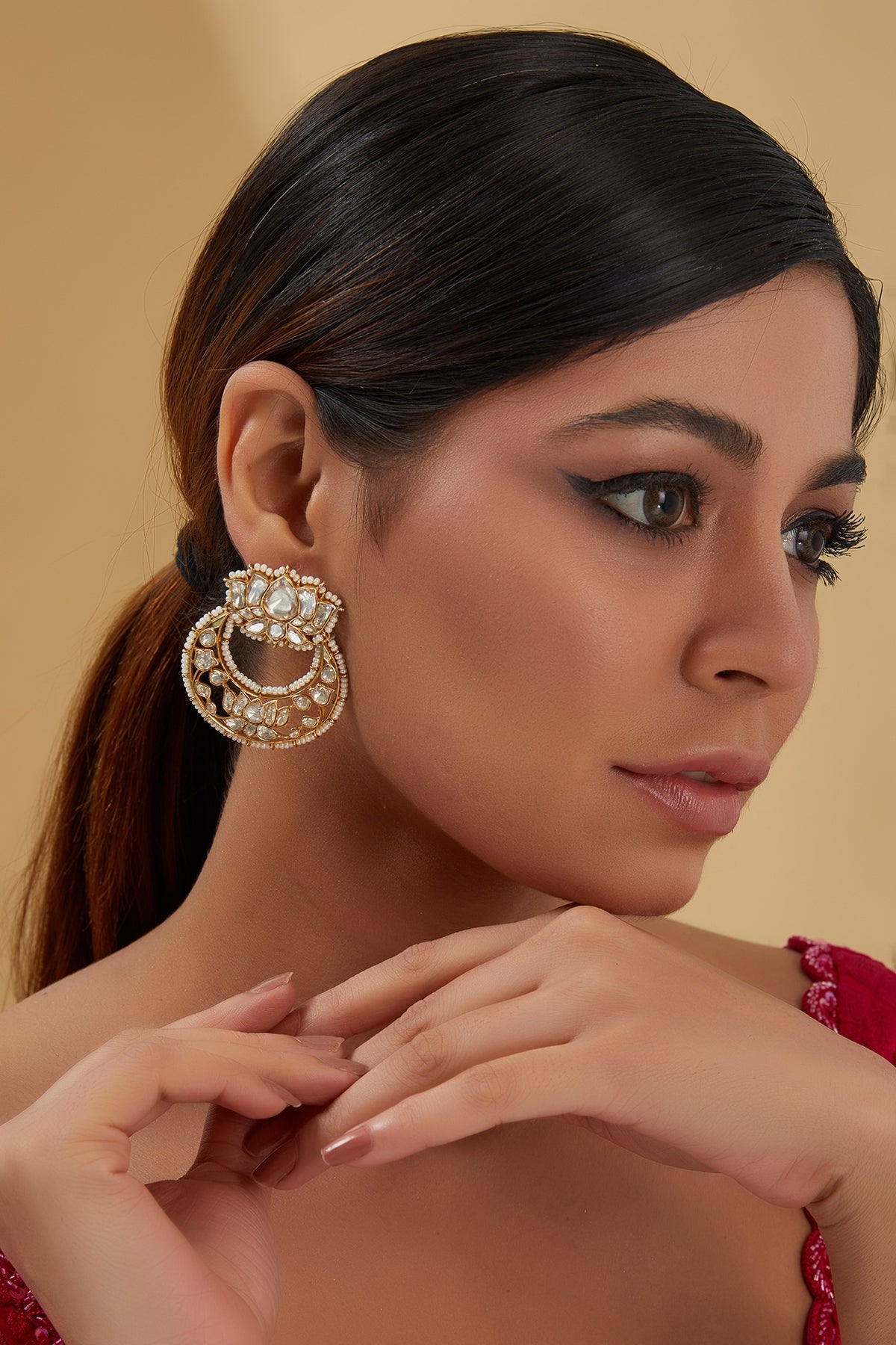 Gold Finish Moissanite Polki & Pearl Chandbali Earrings In Sterling Silver