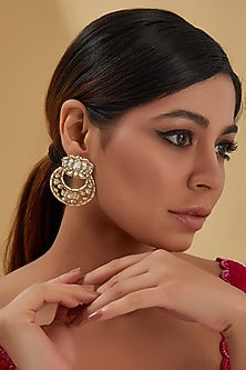 Gold Finish Moissanite Polki & Pearl Chandbali Earrings In Sterling Silver