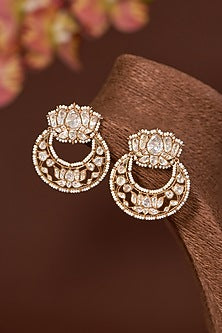 Gold Finish Moissanite Polki & Pearl Chandbali Earrings In Sterling Silver