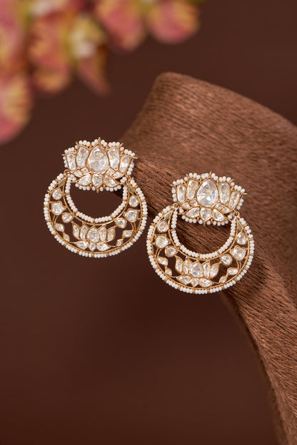 Gold Finish Moissanite Polki & Pearl Chandbali Earrings In Sterling Silver