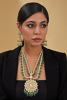Gold Finish Moissanite Polki & Emerald Long Necklace Set In Sterling Silver