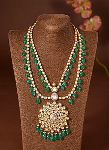 Gold Finish Moissanite Polki & Emerald Long Necklace Set In Sterling Silver