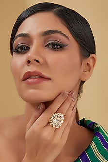 Gold Finish Moissanite Polki & Zircon Ring In Sterling Silver