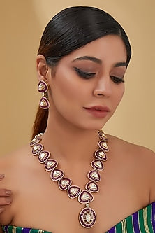 Black Rhodium Finish Moissanite Polki & Ruby Long Necklace Set In Sterling Silver
