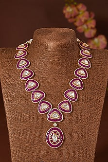 Black Rhodium Finish Moissanite Polki & Ruby Long Necklace Set In Sterling Silver
