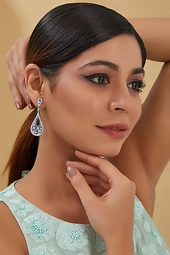 White Finish Zircon & Blue Sapphire Dangler Earrings In Sterling Silver