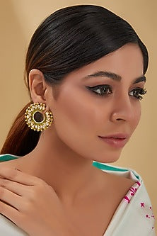 Gold Finish Moissanite Polki & Emerald Stud Earrings In Sterling Silver