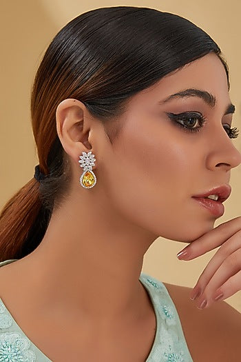 White Finish Zircon & Yellow Topaz Dangler Earrings In Sterling Silver