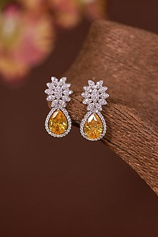 White Finish Zircon & Yellow Topaz Dangler Earrings In Sterling Silver