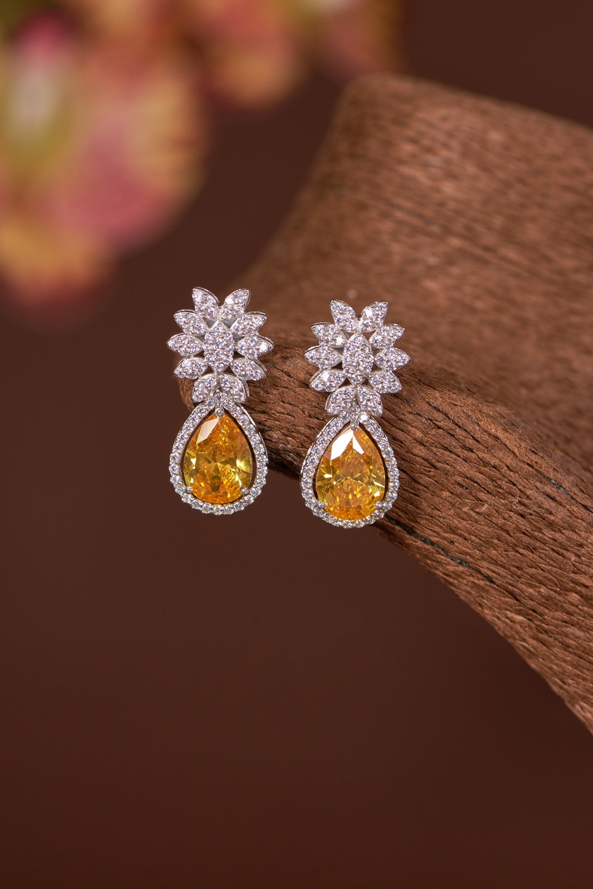 White Finish Zircon & Yellow Topaz Dangler Earrings In Sterling Silver