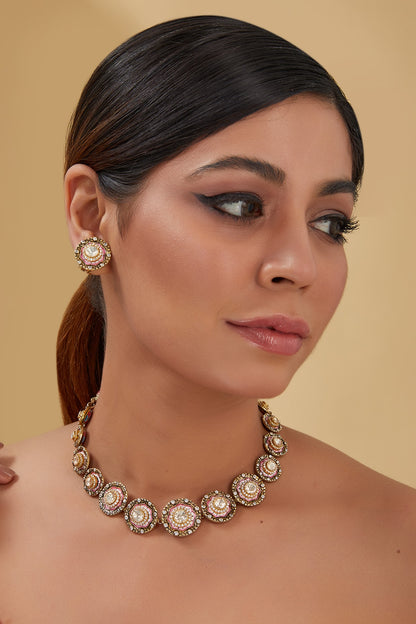Black Rhodium Finish Moissanite Polki & CZ Choker Necklace Set In Sterling Silver