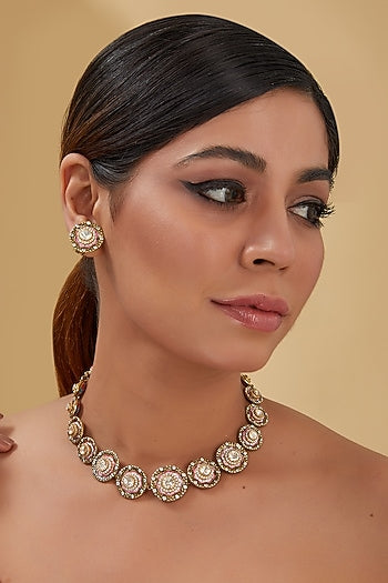 Black Rhodium Finish Moissanite Polki & CZ Choker Necklace Set In Sterling Silver