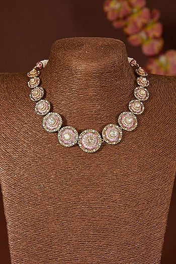 Black Rhodium Finish Moissanite Polki & CZ Choker Necklace Set In Sterling Silver