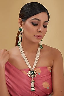 Gold Finish Moissanite Polki & Synthetic Emerald Long Necklace Set In Sterling Silver
