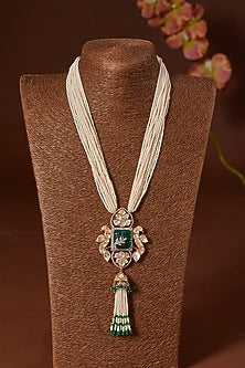 Gold Finish Moissanite Polki & Synthetic Emerald Long Necklace Set In Sterling Silver