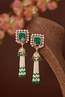 Gold Finish Moissanite Polki & Synthetic Emerald Long Necklace Set In Sterling Silver